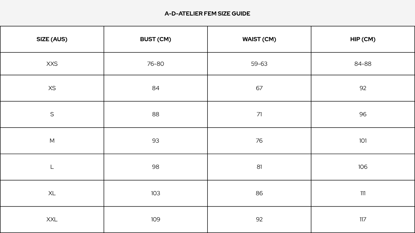 A-D-Atelier fem size guide table with size categories, bust, waist, and hip measurements.